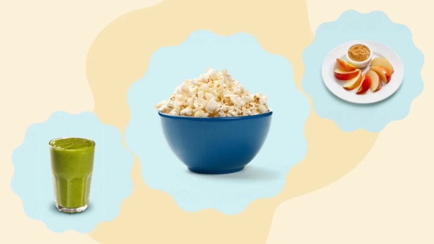 Smoothie, popcorn, apples and peanut butter