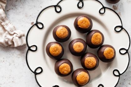 Finished high-protein buckeyes displayed on a white decorative plate with chocolate bottoms showing.