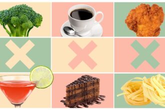 broccoli, coffee, fried chicken, alcohol, chocolate cake, pasta