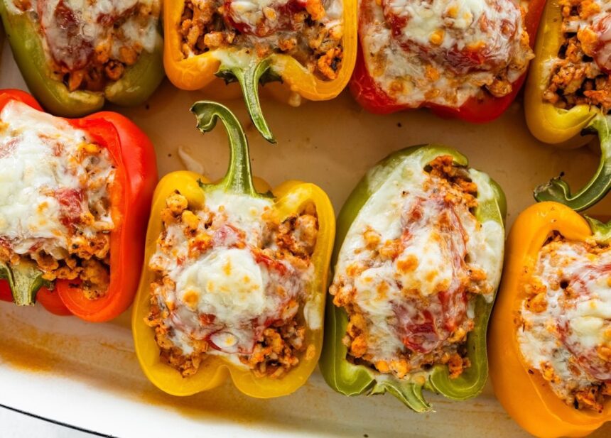 A pan of cooked turkey stuffed peppers with melted cheese.