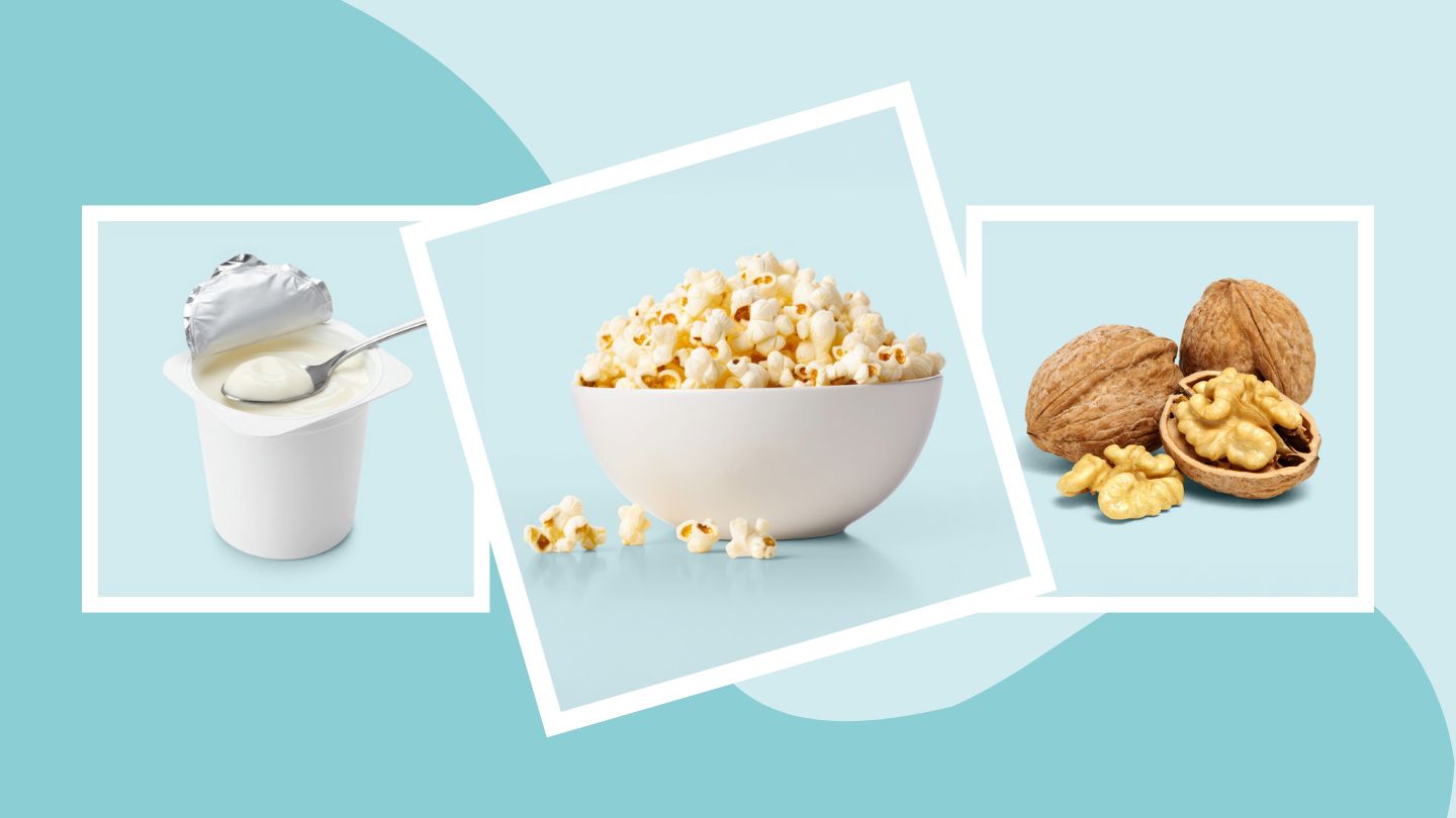 Yogurt, popcorn and walnuts