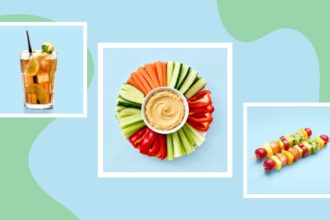 Iced tea, crudite, fruit kebabs