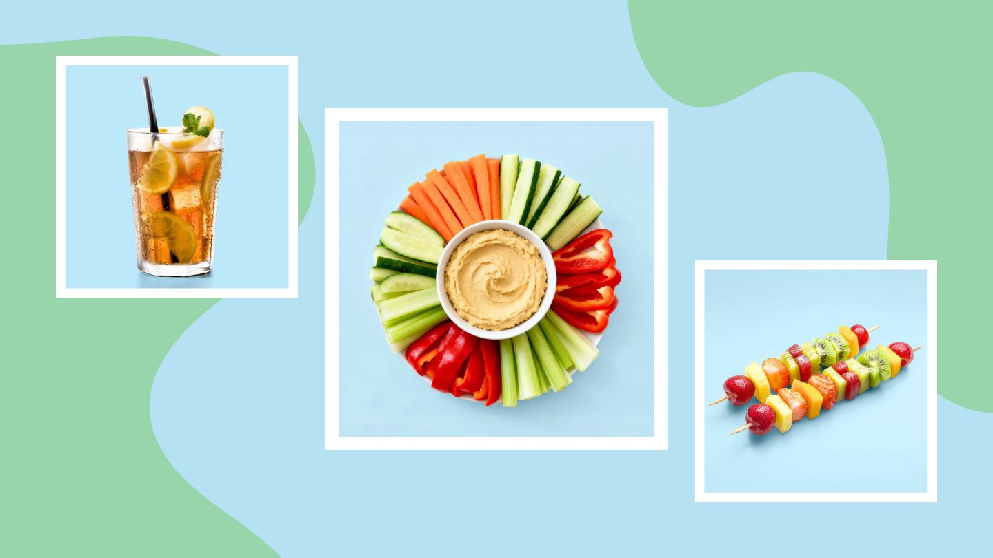 Iced tea, crudite, fruit kebabs