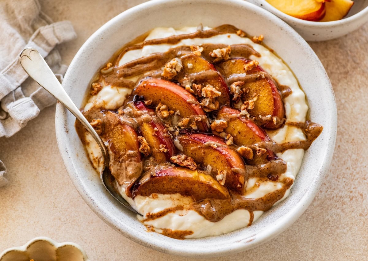 High-Protein Peach Crisp Yogurt Bowl